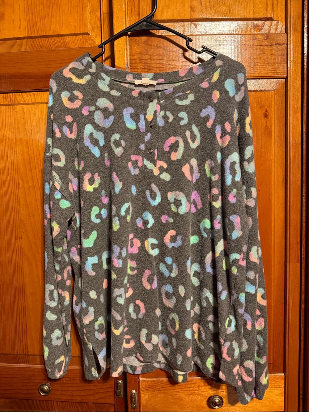 Oddly Cozy Gray Fleece Top with Leopard Print